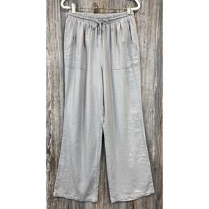 HG Linen Blend Wide Leg Pant Beige Drawstring Elastic MED Coastal Beach Nautical